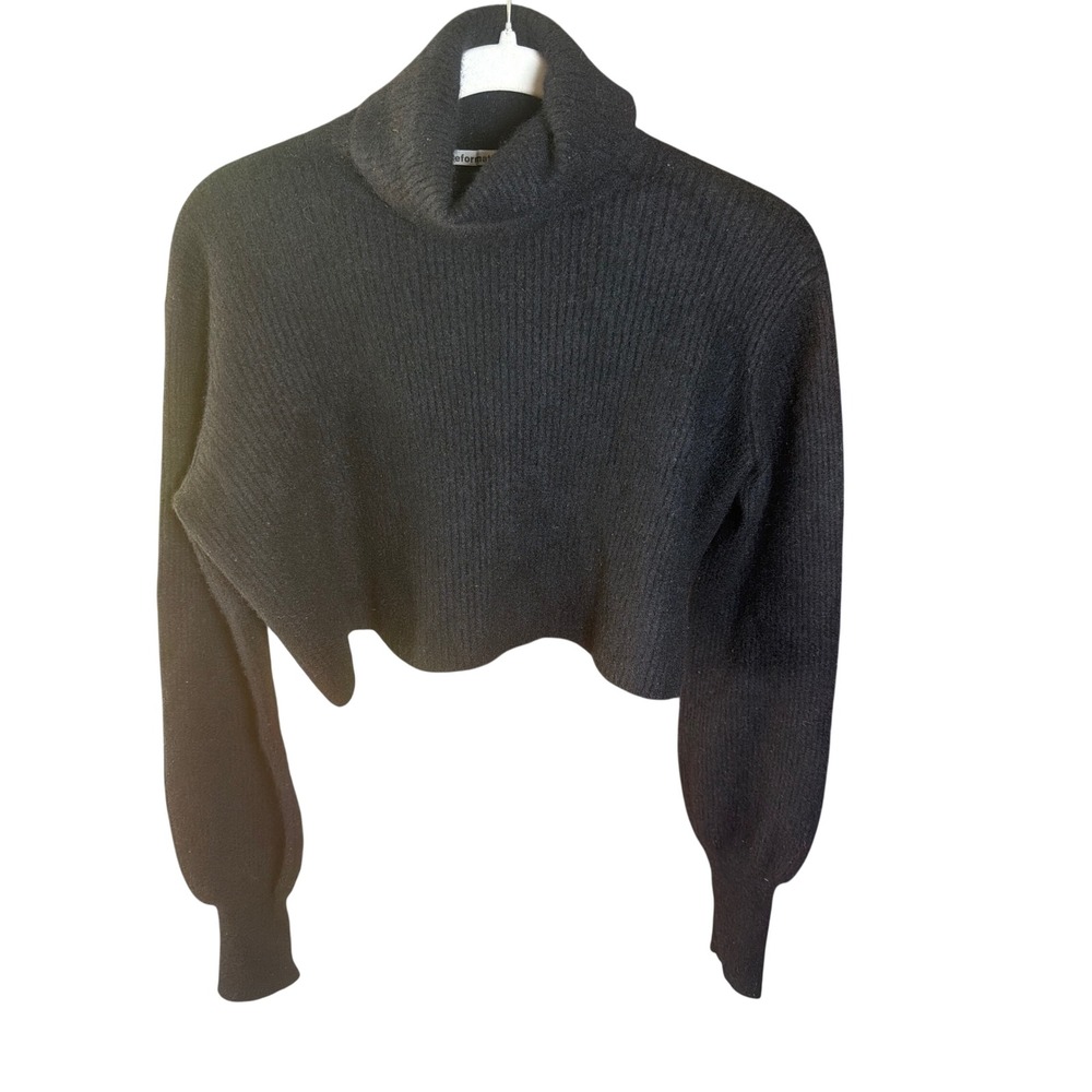 Reformation Recycled Cashmere Cropped Turtleneck Sweater | Black Ribbed Knit